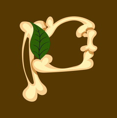 Font english P letter with green leaf on top