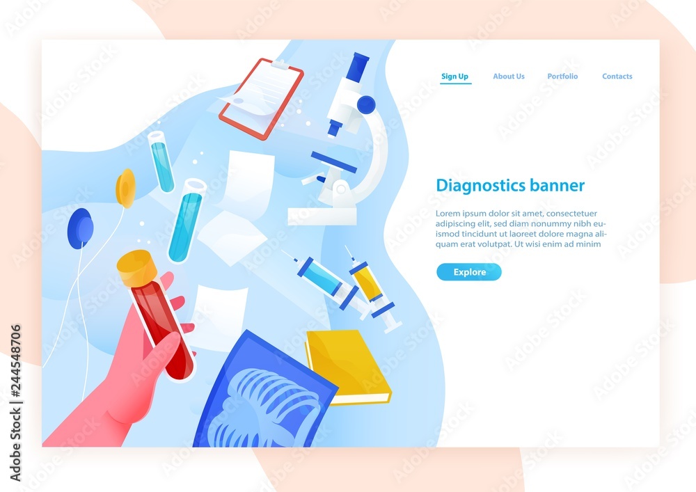 Poster web banner template with hand holding test tube with blood, medical laboratory tools and place for t