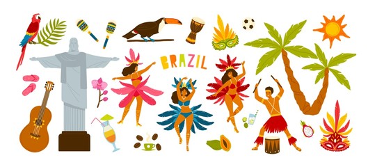 Collection of Brazilian carnival traditional attributes - female dancers dancing samba, musician playing on drums, festive masks, summer cocktails. Colorful vector illustration in flat cartoon style.
