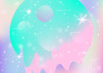 Future landscape with holographic cosmos and abstract universe background. 3d fluid. Girlie mountain silhouette with wavy glitch. Futuristic gradient and shape. Memphis future landscape.