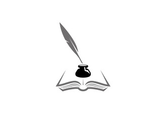 Quill inside an inkwell in the papers on an open book, Feder, Buch, Tintenfass logo