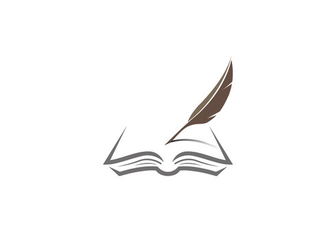 Book logo and quill writing in the papers on an open book, Feder, Buch logo