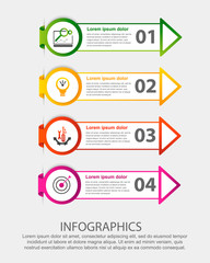 Fototapeta na wymiar Modern 3D vector illustration. Circular step lable infographic template with four elements and arrows. Contains icons and text. Designed for business, presentations, workflow layout, 4-step diagrams