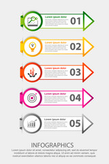 Modern 3D vector illustration. Circular step lable infographic template with five elements and arrows. Contains icons and text. Designed for business, presentations, workflow layout, 5-step diagrams