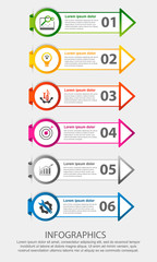 Modern 3D vector illustration. Circular step lable infographic template with six elements and arrows. Contains icons and text. Designed for business, presentations, workflow layout, 6-step diagrams