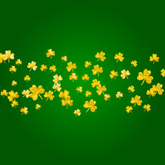 Clover background for Saint Patricks Day. Lucky trefoil confetti. Glitter frame of shamrock leaves. Template for voucher, special business ad, banner. Decorative clover background.