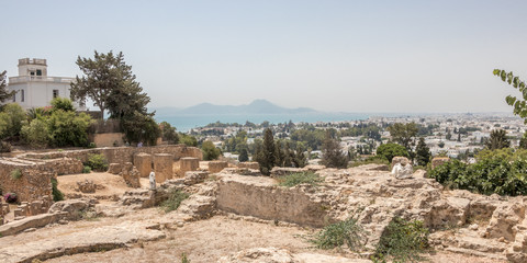 CARTHAGE, TUNISIA - JULY 19 2018: View of Tunis from the ruins of Carthage, Tunisia, Africa
