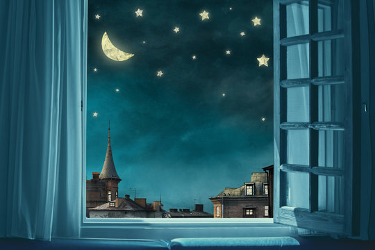 surreal fairy tale art background, view from room with open window, night sky with moon and stars, copy space,
