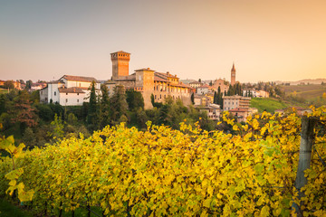 Fototapeta na wymiar Levizzano Rangone with wineyards on the foreground. Modena province, Emilia Romagna, Italy