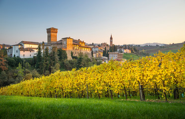 Obraz premium Levizzano Rangone with wineyards on the foreground. Modena province, Emilia Romagna, Italy