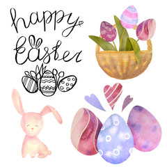 Watercolor drawn set with elements of happy easter. Hand drawn lettering, rabbit, eggs. Ideal for greeting card or logo