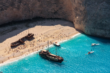 Navagio Beach.  coast of Zakynthos, in the Ionian Islands of Greece. boat in the sea