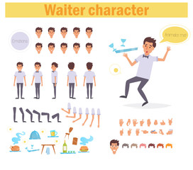 Waiter for animation. Poses front, rear, side, three quarter. Creation set. Collection of emotions. Vector. Cartoon. Isolated art on white background. Flat Different positions of hands