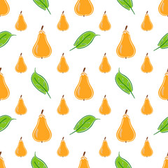 Pear fruit color vector plain seamless pattern. Simplified retro illustration. Wrapping or scrapbook paper background.Childish cartoon style doodle art. Element for design, wallpaper, fabric printing.