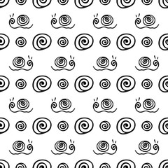 Country garden cute snail vector seamless pattern. Simplified retro illustration. Wrapping or scrapbook paper background.Childish cartoon style doodle art. Element design, wallpaper, fabric printing.