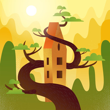 Fairytale house with roof, intertwined with tree on mountains,hills background. Summer weather, hot sun is shining, green crowns. Square Flat cartoon vector illustration with textures and gradient