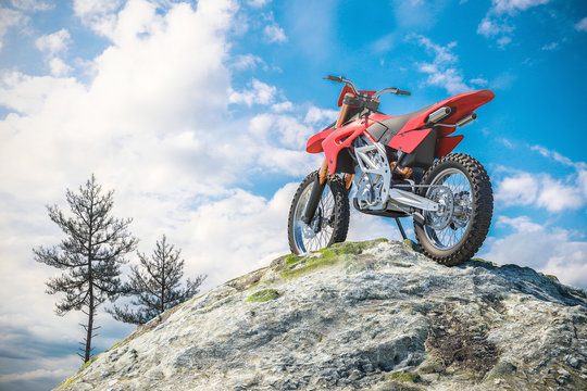 Red motorcycle on top of mountain landscape. 3d