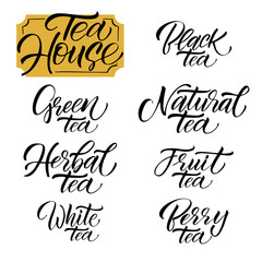 Hand drawn typography poster, greeting card or print invitation with tea phrase in it. Vector calligraphy quote with tea. Black ink on white isolated background.