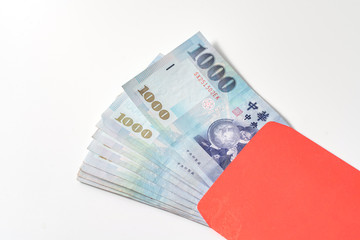 Red envelope packet chinese new year, hongbao with the character 'Happy New Year' on white background for Chinese New Year