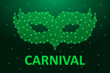 Carnaval mask low poly in green color. Brazil carnival holiday banner for Mardi Gras with polygonal wireframe mesh. Vector illustration.