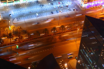 Busy traffic at night on the streets of Riyadh, Saudi Arabia