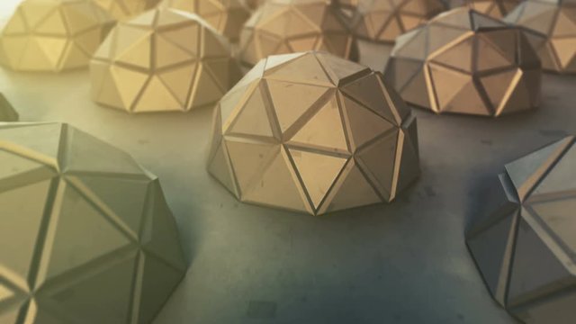 Polygonal metal objects. Abstract futuristic technology or sci-fi concept. 3D render of low poly hemispheres. Seamless loop smooth animation rendered with DOF 4k UHD (3840x2160)