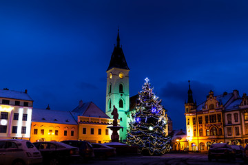 Fototapeta na wymiar Center of Vodnany with christmas tree, Czech republic.