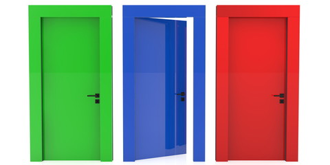 Three doors in green,blue and red colors