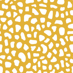 Seamless vector pattern stylized animal skin texture. Abstract background with mosaic shapes. White shapes on gold yellow backdrop. Contemporary design for fabric, digital paper, packaging, covers