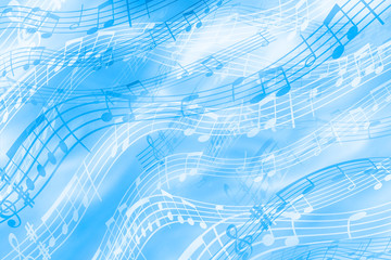 Cheerful, blue background on a musical theme with the image of notes and stave. Bright abstract background of colored strips.