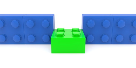 Green toy brick out of blue row