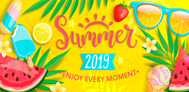 Summer banner with symbols for summertime such as ice cream,watermelon,strawberries,glasses.Hand drawn lettering for template card, wallpaper,flyer,invitation, poster,brochure.Vector illustration