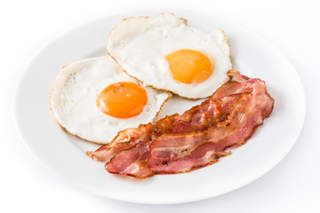 Fried eggs and bacon for breakfast isolated on white background. Close up


