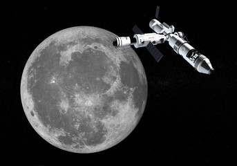 Space station and moon on the dark sky with stars. © Sergey Fedoskin