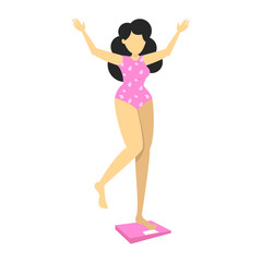 Happy slim girl standing on scales. Weight loss