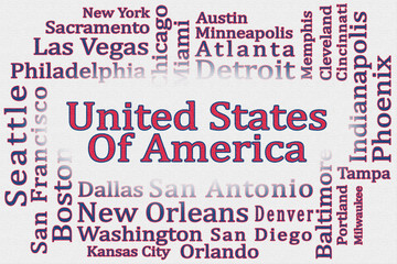 Word cloud United States of America with its cities with textured white background