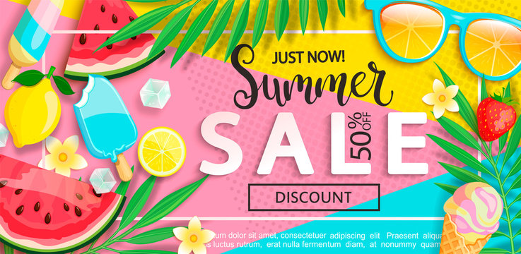 Super sale banner with symbols for summer time such as ice cream,watermelon,strawberries,glasses.Vector illustration of discount template card, wallpaper,flyer,invitation, poster,brochure,voucher.
