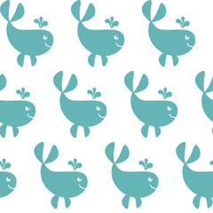 Seamless pattern with cartoon funny white blue whales on white background. Marine background.