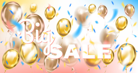 Big Sale pink and gold banner with metallic balloons in air
