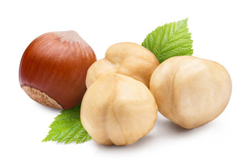 Hazelnuts with leaves, isolated on white background