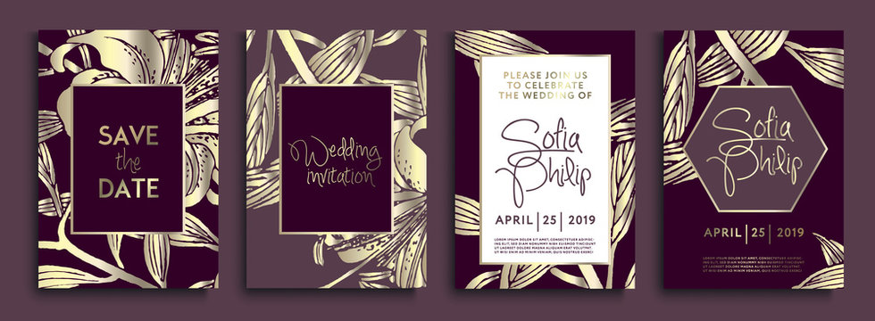 Wedding invitation with gold flowers and leaves on dark texture. luxury gold backgrounds, artistic covers design, colorful texture. Luxury Vector illustration
