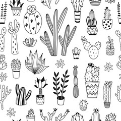 Black and white cacti seamless pattern. Vector background with cute hand drawn outline succulents and tropical plants