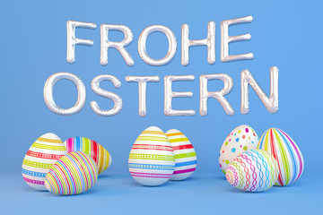 Frohe Ostern - 8 farbenfrohe, bemalte Ostereier auf blauen Hintergrund - Folienballons - Oster