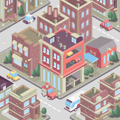 City district in isometric 3d style. Vector town. Set of buildings, houses, townhouses, multi-family homes, shop, bar, school, hospital, car parking.