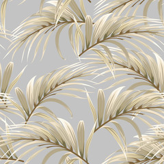 seamless pattern with golden palm leaves on a grey background