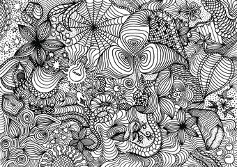 Fototapeta premium Hand drawn doodle backdrop pattern with numerous different elements. Black tracery on white background, vector illustration