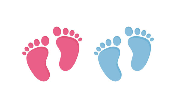 Baby footsteps vector illustration set - pairs of pink and blue footprints in flat style.