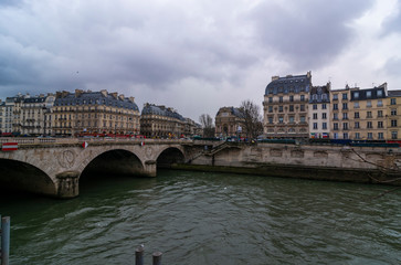 Paris, France panoramic view to Seine river and bridge. 