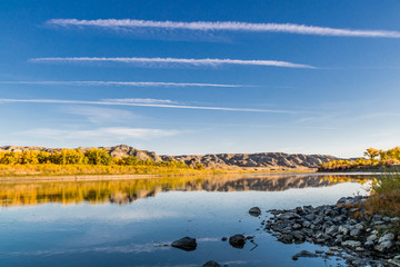 The Bow River makes an appearance as it meanders through the park, Dinosaur Provincial Park,...