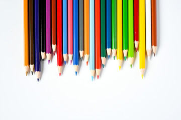 Object, varities color pencils on white background. pencil narrow, pigmented core encased in a...
